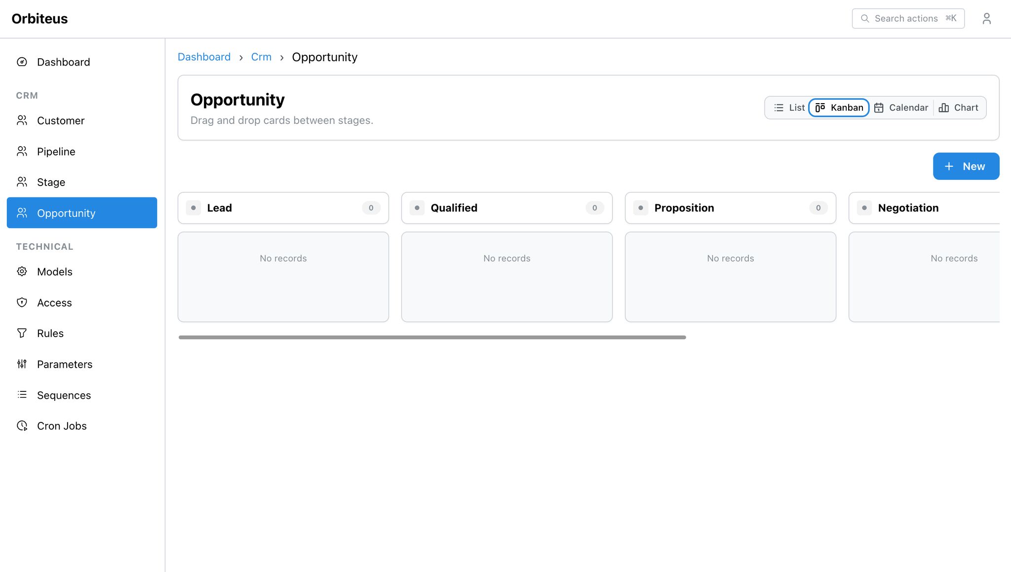 Orbiteus CRM: Opportunity kanban view